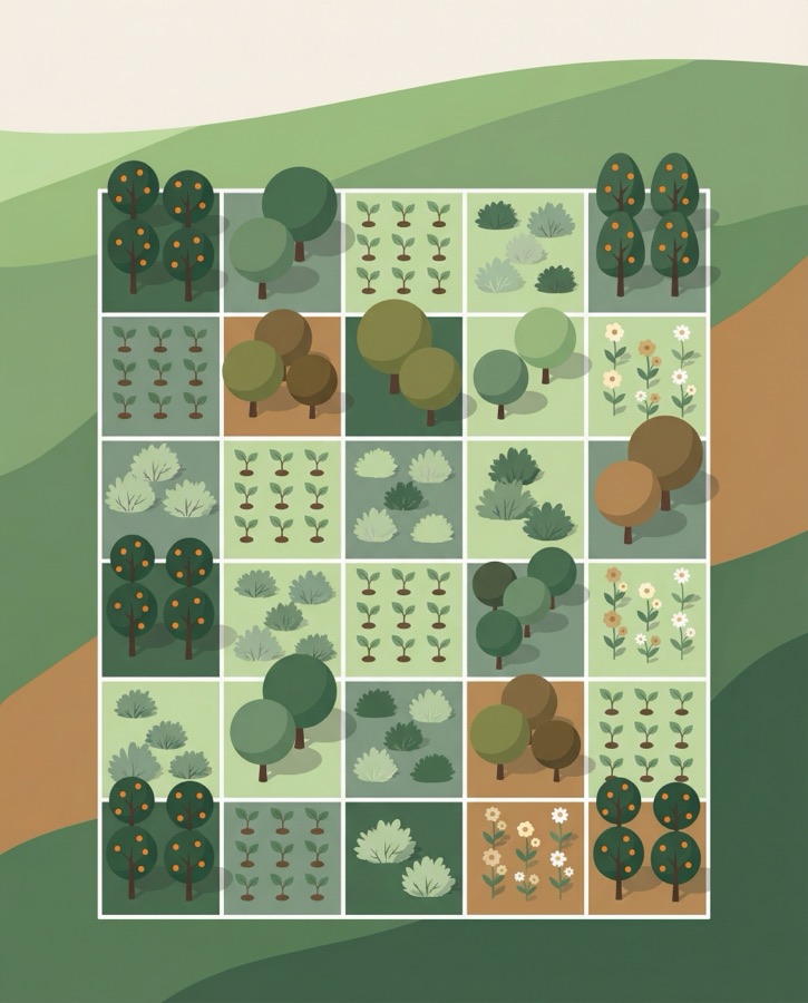 Forest plots laid out on a grid with coordinate markers