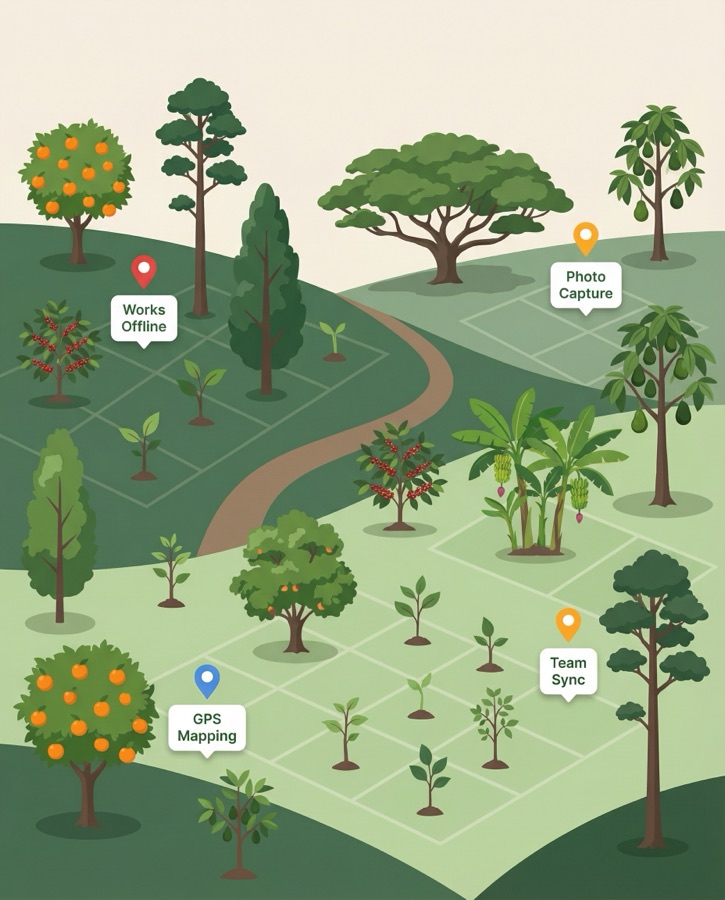 Agroforestry landscape with diverse trees in rows and small plot markers